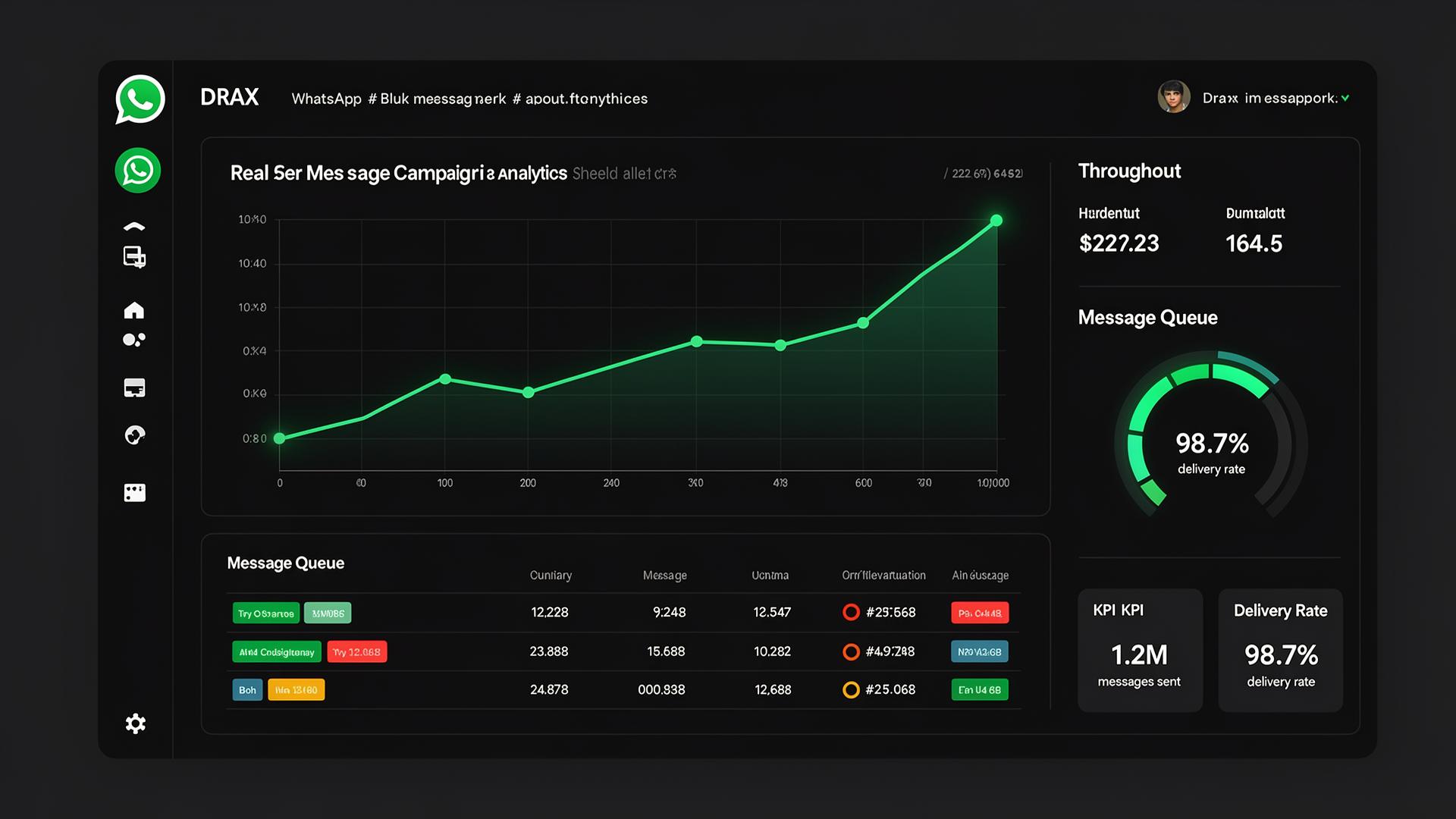 Painel de controle da plataforma Drax com analytics de campanhas WhatsApp em tempo real